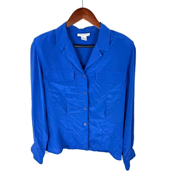 Vintage Christian Dior Chemises Royal Blue Padded Shoulder Blouse - Picture 1 of 6